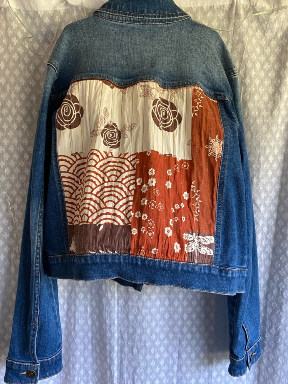 Cleo + Wolf Women's Blue Denim Jacket with southwestern patchwork